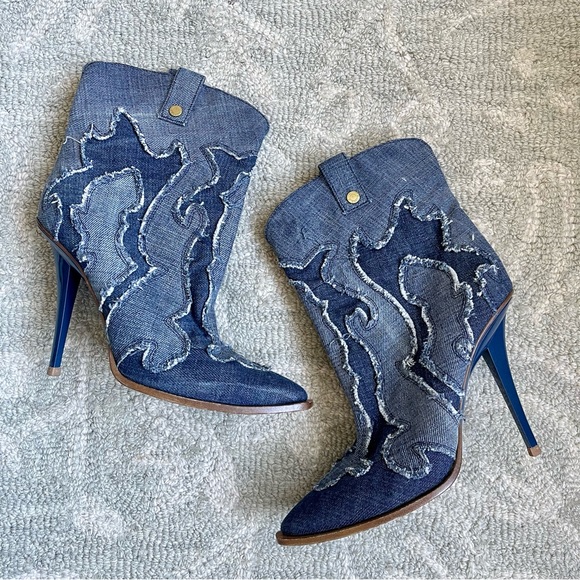 Jimmy Choo Shoes - Jimmy Choo Distressed Denim Cowboy Western Heeled Boots